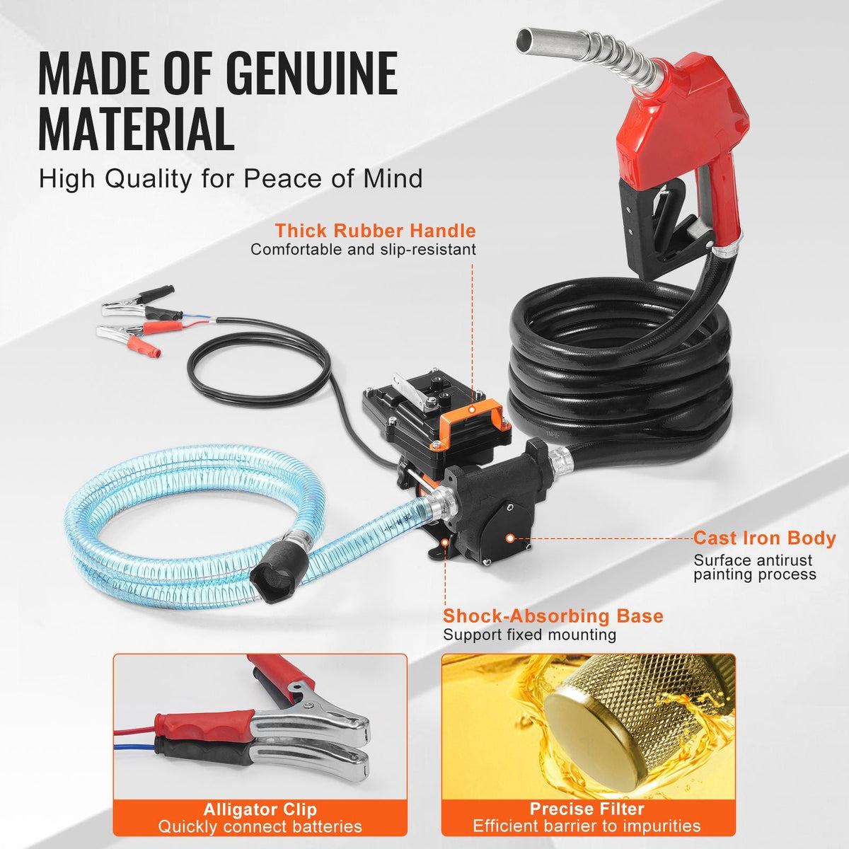 Fuel Transfer Pump, 12V DC 15 GPM 1/4 HP, Portable Electric Diesel Transfer Pump with Auto Shut-Off Fuel Nozzle, Long Inlet & Outlet Hose for Gasoline, Diesel, Kerosene, Methanol Blends