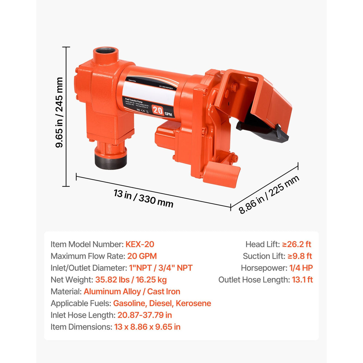 Fuel Transfer Pump, 12V DC 20 GPM 1/4 HP Diesel Pump, Extractor Pumps with Manual Nozzle, Discharge Hose and Suction Pipe, for Gasoline, Diesel, Kerosene, Ethanol-Methanol Blends & Biodiesel