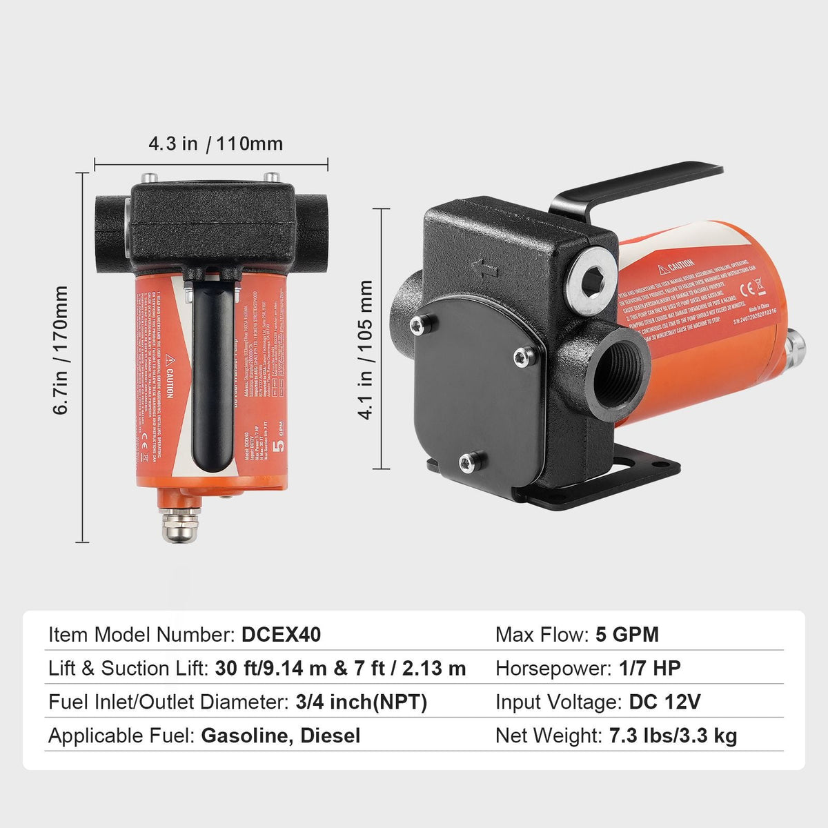 Fuel Transfer Pump, 12V DC 5 GPM 1/10 HP, Portable Electric Diesel Transfer Pump with Auto Shut-Off Fuel Nozzle, Long Inlet & Outlet Hose for Gasoline Diesel, Kerosene, Methanol Blends