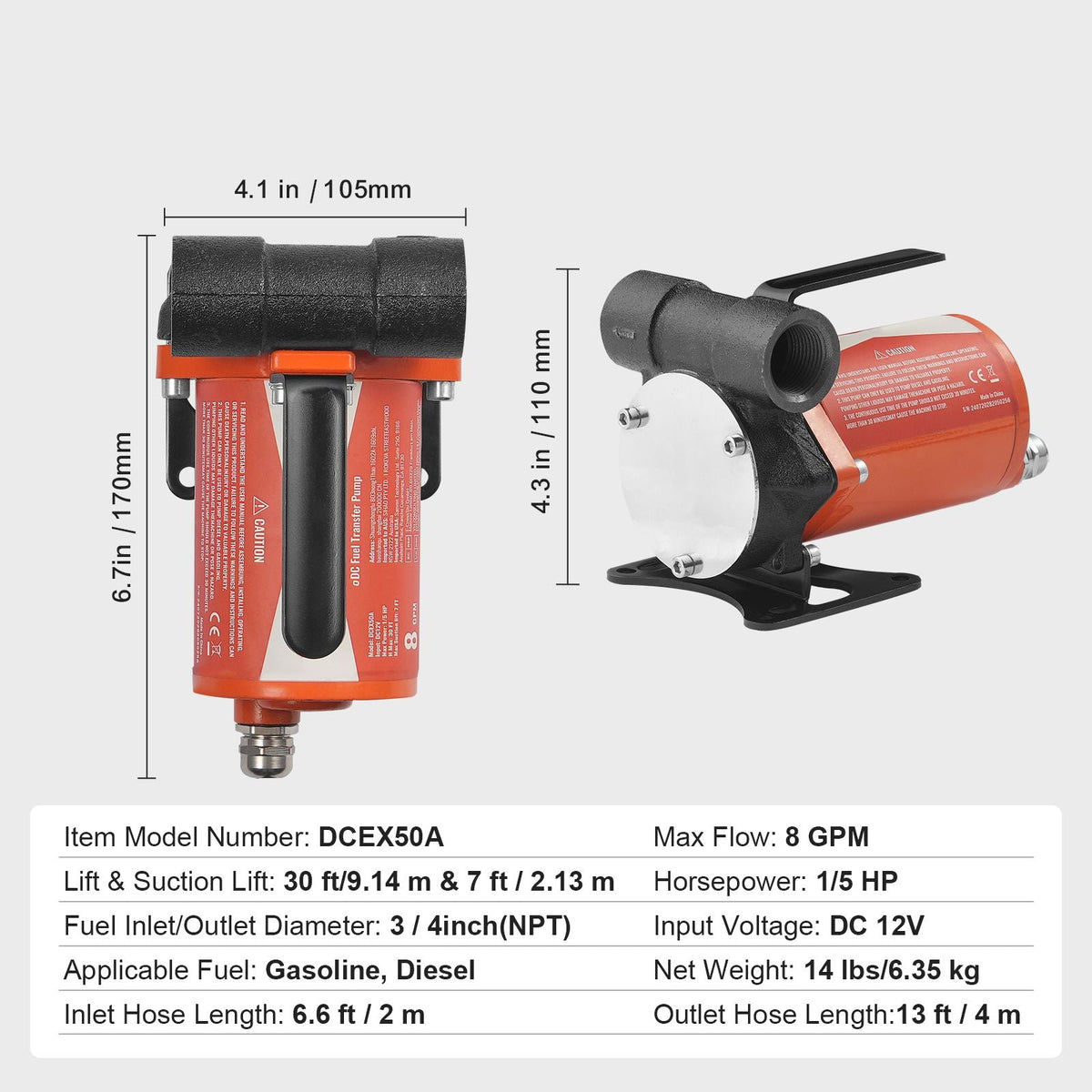 Fuel Transfer Pump, 12V DC 8 GPM 1/6 HP, Portable Electric Diesel Transfer Pump with Auto Shut-Off Fuel Nozzle, Long Inlet & Outlet Hose for Gasoline, Diesel, Kerosene, Methanol Blends