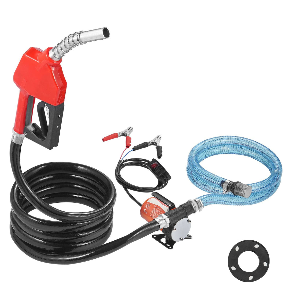 Fuel Transfer Pump, 12V DC 8 GPM 1/6 HP, Portable Electric Diesel Transfer Pump with Auto Shut-Off Fuel Nozzle, Long Inlet & Outlet Hose for Gasoline, Diesel, Kerosene, Methanol Blends