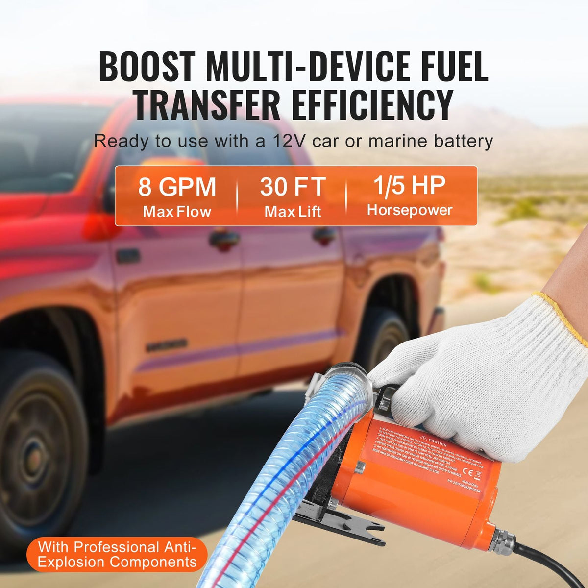 Fuel Transfer Pump, 12V DC 8 GPM 1/6 HP, Portable Electric Diesel Transfer Pump with Auto Shut-Off Fuel Nozzle, Long Inlet & Outlet Hose for Gasoline, Diesel, Kerosene, Methanol Blends