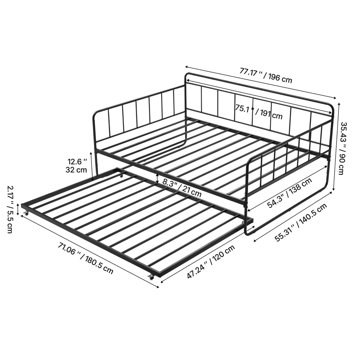 Full Size Daybed Frame, Day Bed with Trundle, Heavy Duty Metal Platform Bed Frame, Full Daybed with Metal Slats Support for Living Room, Bedroom, Guest Room, Easy Assembly, Black