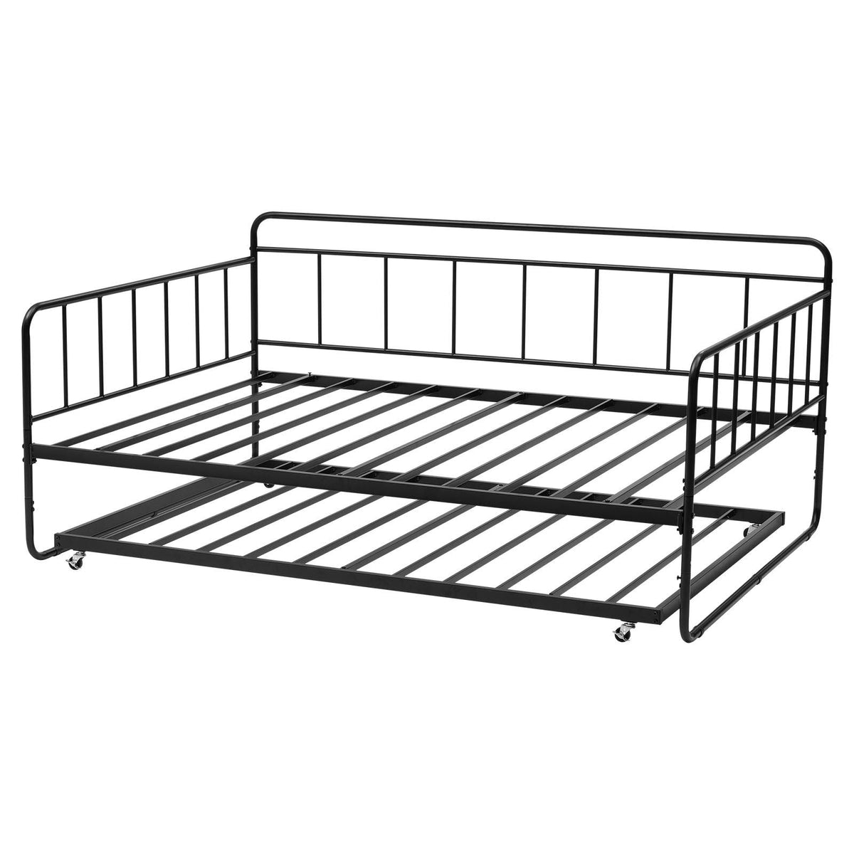 Full Size Daybed Frame, Day Bed with Trundle, Heavy Duty Metal Platform Bed Frame, Full Daybed with Metal Slats Support for Living Room, Bedroom, Guest Room, Easy Assembly, Black