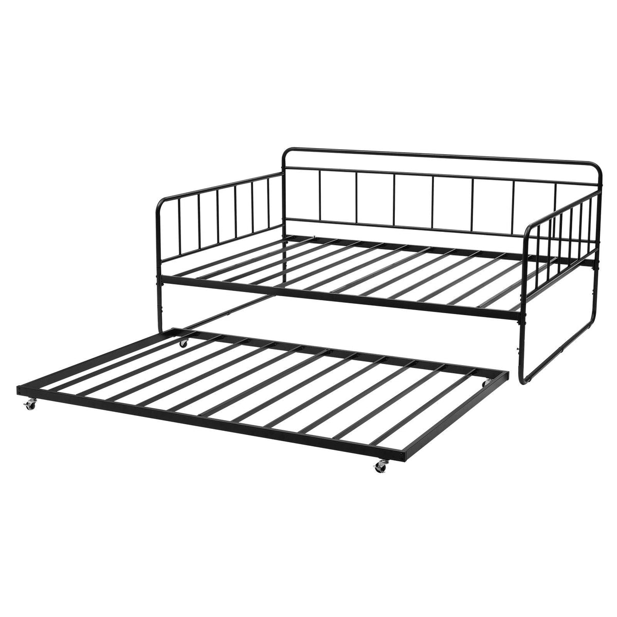 Full Size Daybed Frame, Day Bed with Trundle, Heavy Duty Metal Platform Bed Frame, Full Daybed with Metal Slats Support for Living Room, Bedroom, Guest Room, Easy Assembly, Black
