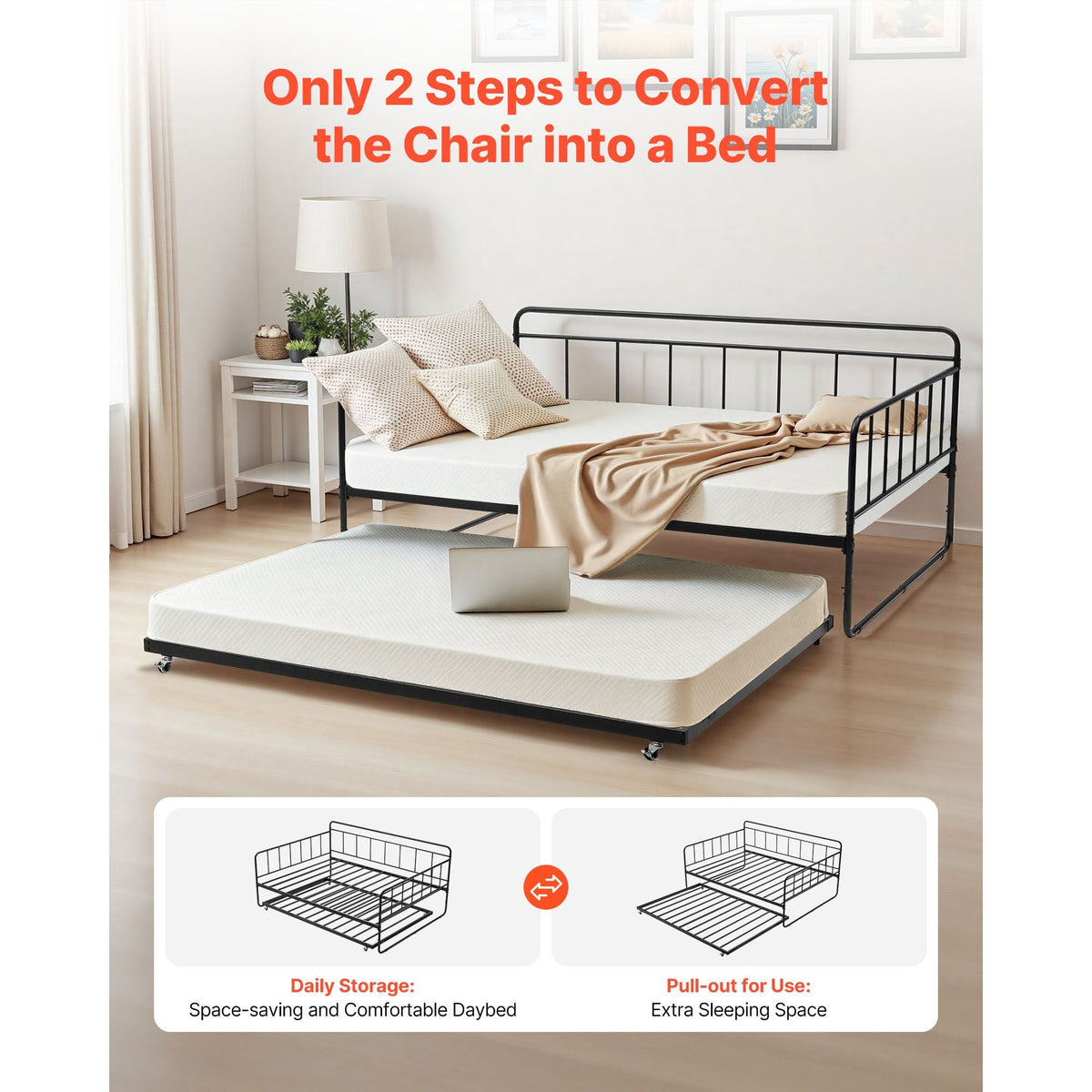 Full Size Daybed Frame, Day Bed with Trundle, Heavy Duty Metal Platform Bed Frame, Full Daybed with Metal Slats Support for Living Room, Bedroom, Guest Room, Easy Assembly, Black