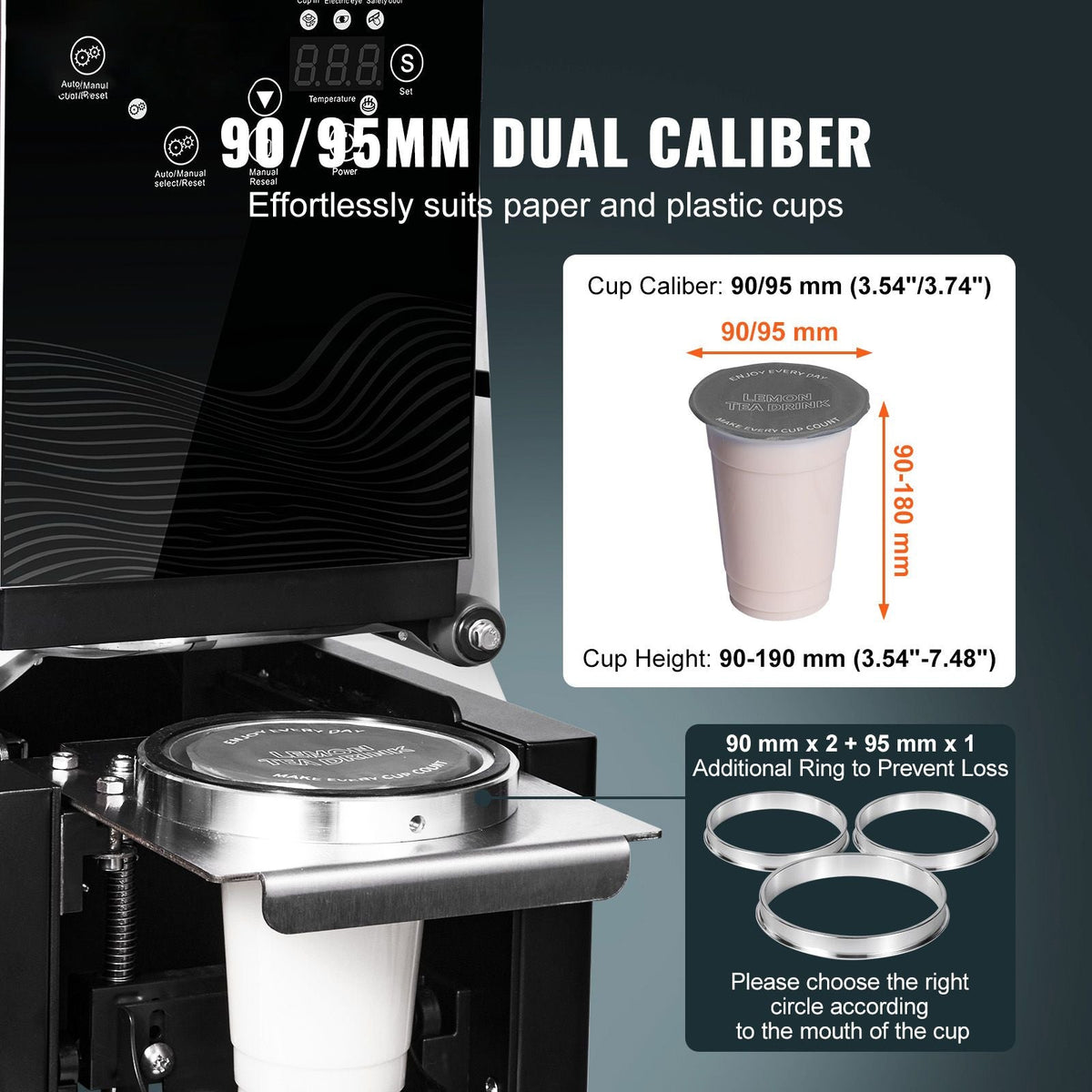 Fully Automatic Cup Sealing Machine, 500-650 Cups/H, Cup Sealer Machine for 190 mm Tall & 90/95 mm Cup, Electric Tea Sealer with Digital Control LCD Panel for Bubble Milk Tea Coffee, Black