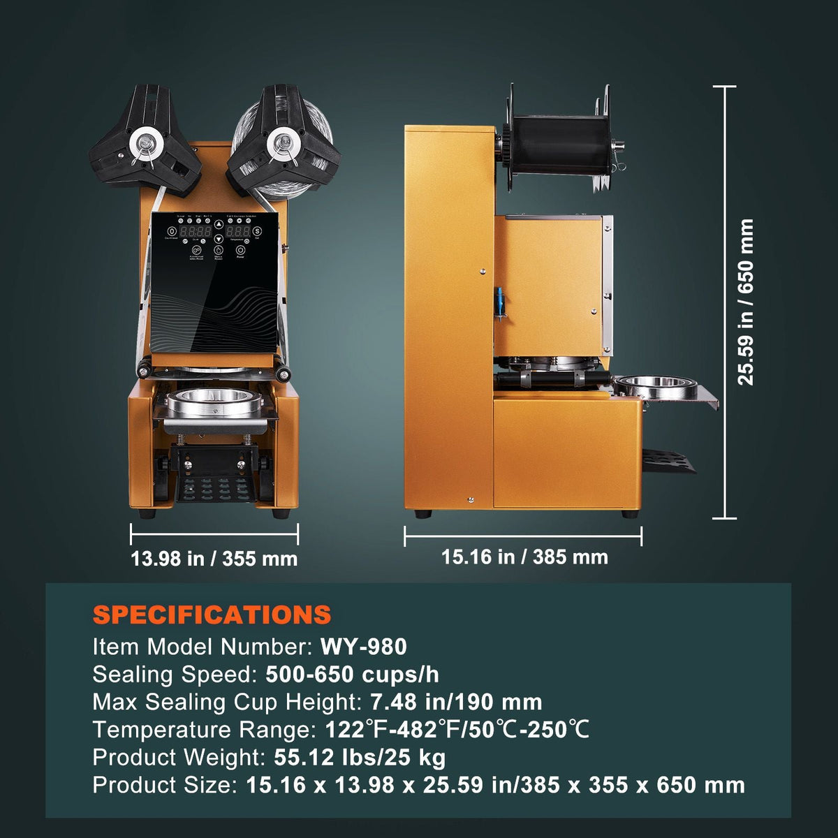 Fully Automatic Cup Sealing Machine, 500-650 Cups/H, Cup Sealer Machine for 190 mm Tall & 90/95 mm Cup, Electric Tea Sealer with Digital Control LCD Panel for Bubble Milk Tea Coffee, Gold