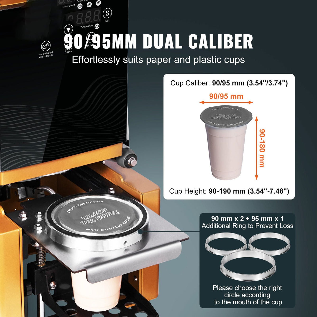 Fully Automatic Cup Sealing Machine, 500-650 Cups/H, Cup Sealer Machine for 190 mm Tall & 90/95 mm Cup, Electric Tea Sealer with Digital Control LCD Panel for Bubble Milk Tea Coffee, Gold