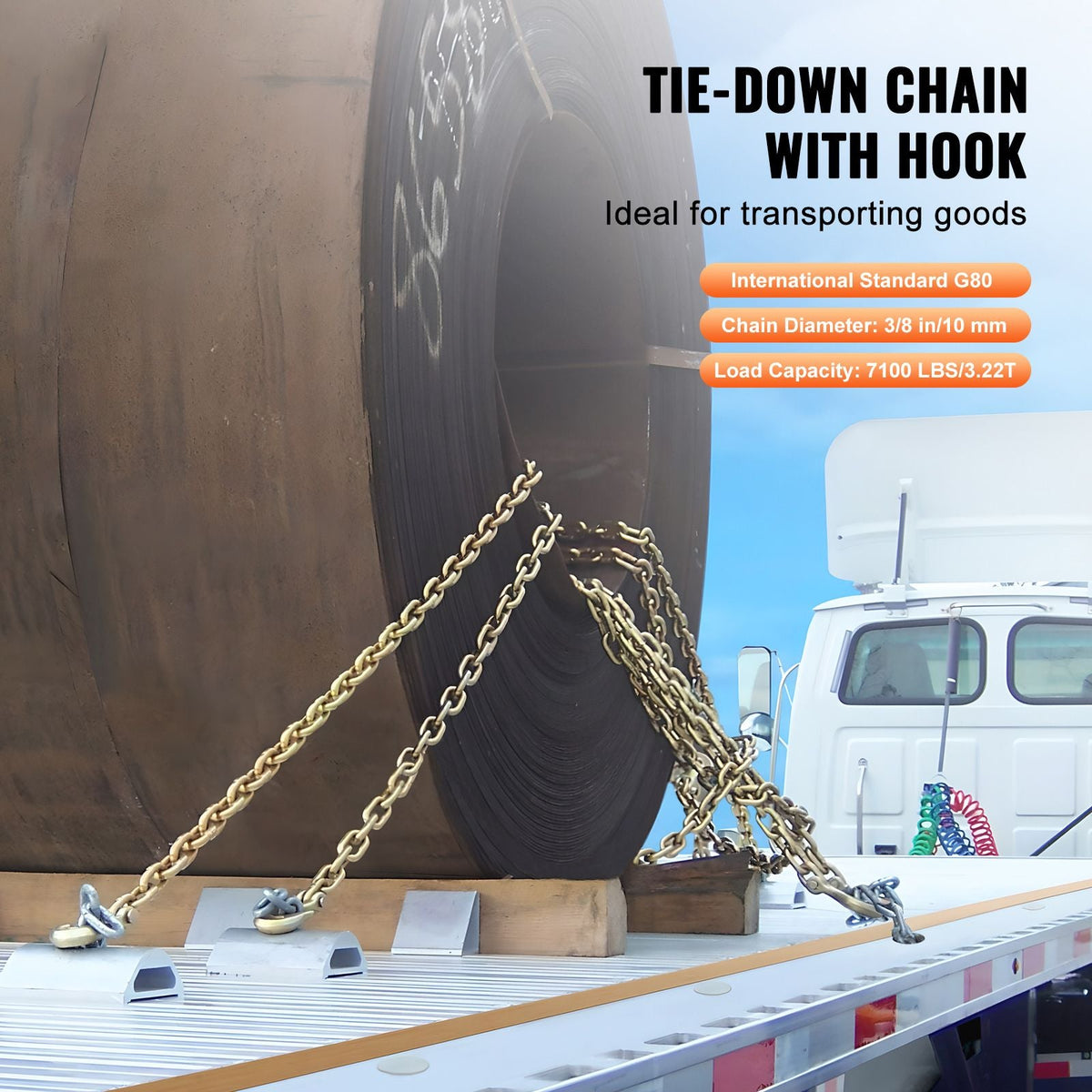 G80 Transport Binder Chain, 3/8" x 10.3' Tow Chain with Clevis Grab Hooks, 7100 lbs Safe Working Load, Heavy Duty Trailer Logging Chain for Transporting Towing Truck Tie Down Binding Equipment