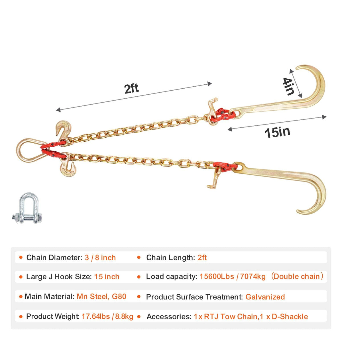 G80 V Bridle Chain, 3/8" x 2' Towing Chain Bridle with 15" J Hooks, T Hooks & Grab Hooks, Heavy Duty Transport Tow Chain Bridle with 7800 lbs Safe Working Load for Flatbed Truck Wrecker Recovery