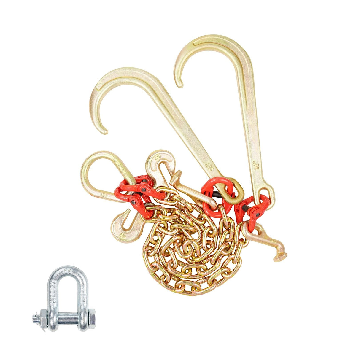 G80 V Bridle Chain, 3/8" x 2' Towing Chain Bridle with 15" J Hooks, T Hooks & Grab Hooks, Heavy Duty Transport Tow Chain Bridle with 7800 lbs Safe Working Load for Flatbed Truck Wrecker Recovery