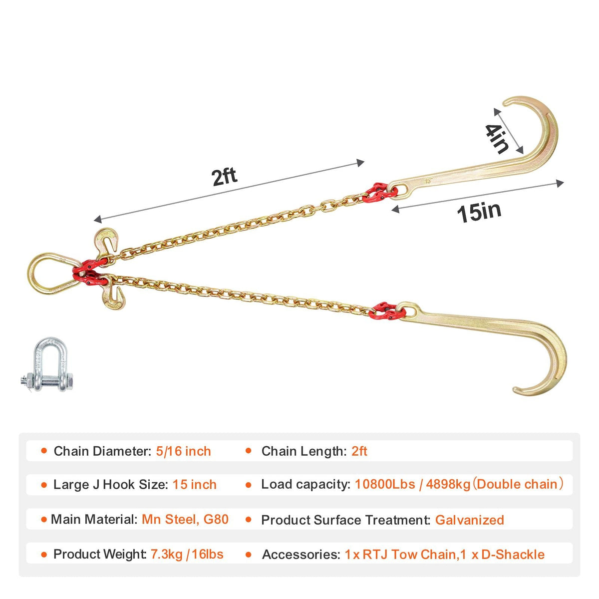 G80 V Bridle Chain, 5/16" x 2' Towing Chain Bridle with 15" J Hooks and Grab Hooks, Heavy Duty Transport Tow Chain Bridle with 10800 lbs Safe Working Load for Flatbed Truck Wrecker Recovery