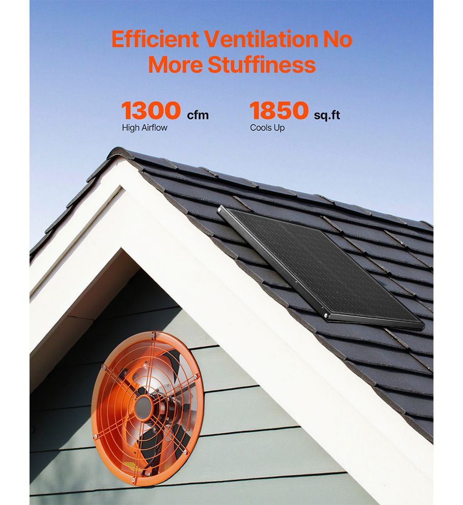 Gable Mount Fan, 14 Inch Solar Power Attic Exhaust Fan with Adjustable Thermostat & Outer Mesh, 1300 CFM House Ventilator Cool Upto 1850 Sq.Ft, Quiet Ventilation for Roof, Garage, Shop, Black