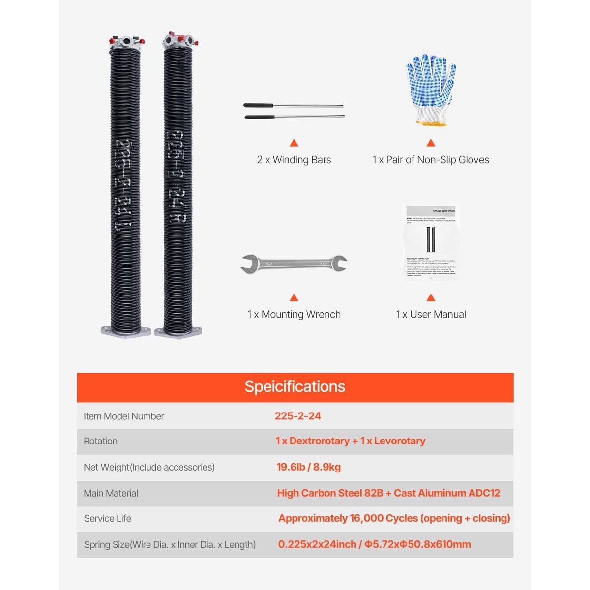 Garage Door Torsion Springs, Pair of 0.225 x 2 x 24 in, 16000 Cycles, Electrophoresis Black Coated for Replacement, Garage Door Springs with Non-Slip Winding Bars, Gloves and Mounting Wrench