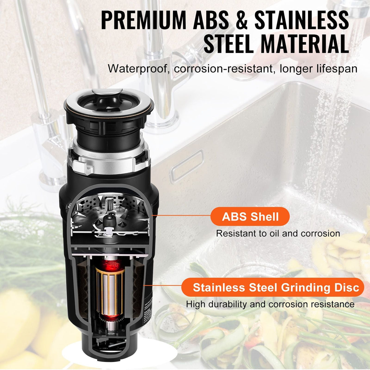 Garbage Disposal, 1/2HP 3450RPM Continuous Feed Food Waste Disposer, EZ Connect Food Waste Grinding System with Power Cord & Splash Guard for Kitchen Sinks