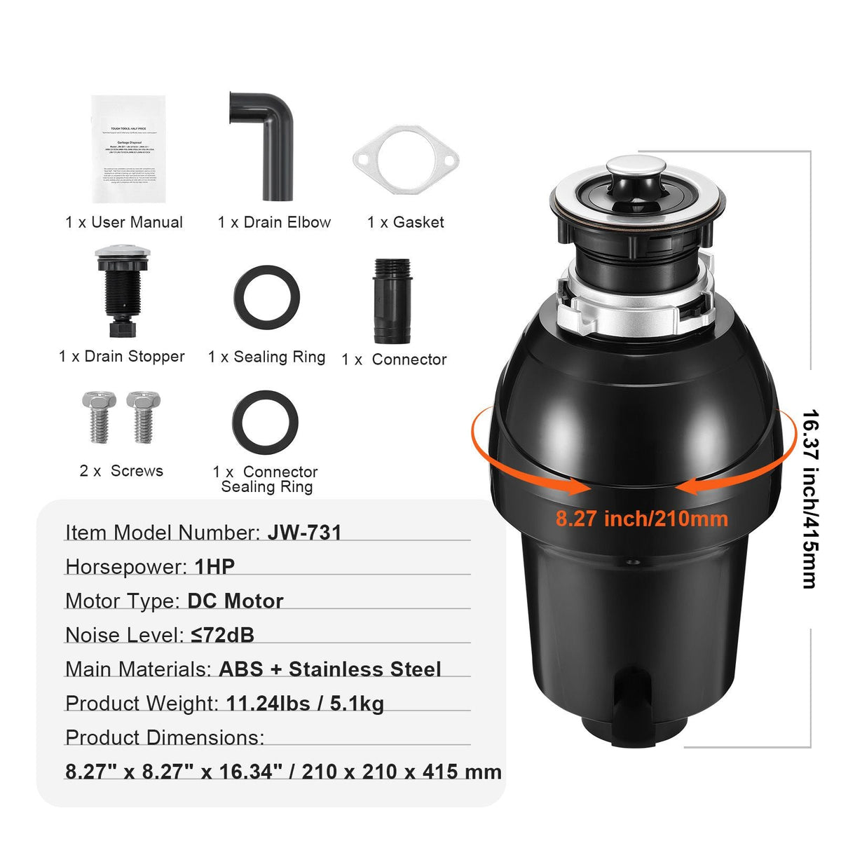 Garbage Disposal, 1HP 3270RPM Continuous Feed Food Waste Disposer, EZ Connect Food Waste Grinding System with Sound Reduction, Power Cord & Splash Guard for Kitchen Sinks