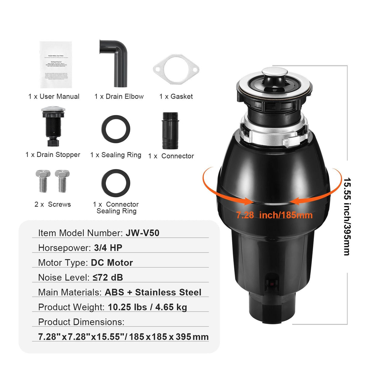 Garbage Disposal, 3/4HP 3250RPM Continuous Feed Food Waste Disposer, EZ Connect Food Waste Grinding System with Sound Reduction, Power Cord & Splash Guard for Kitchen Sinks