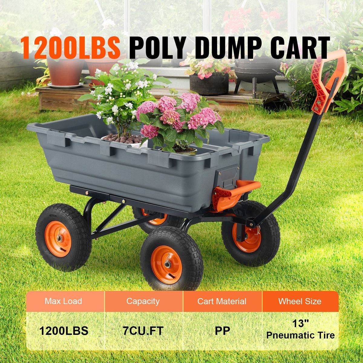 Garden Cart, Durable Poly Dump Cart with Simple Assembly Steel Frame, Versatile Dump Wagon with Dual-Function Handle, 6.48 cu.ft Utility Barrow 1200 lbs Load, 13 inch Wheels