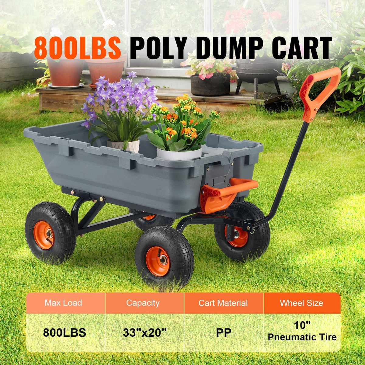 Garden Cart, Durable Poly Dump Cart with Simple Assembly Steel Structure, Versatile Dump Wagon with Dual-Function Handle, Handy Wheelbarrow with 800 lbs Load Capacity, 10 inch Wheels