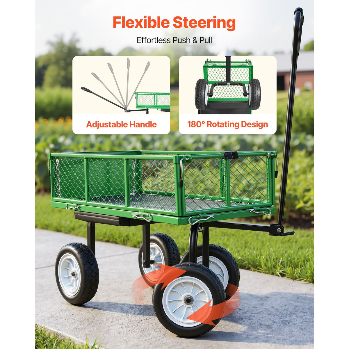 Garden Cart with Seat, 500 LBS, Rolling Steel Garden Work Seat with Wheels, Heavy Duty Gardening Stool, with Tool Tray & Adjustable Handle, Outdoor Yard Wagon, for Lawn, Patio, Backyard, Green