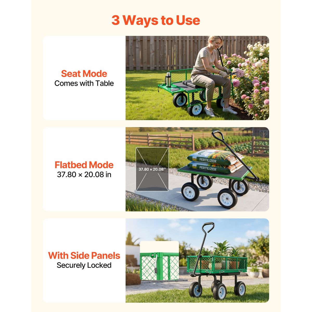 Garden Cart with Seat, 500 LBS, Rolling Steel Garden Work Seat with Wheels, Heavy Duty Gardening Stool, with Tool Tray & Adjustable Handle, Outdoor Yard Wagon, for Lawn, Patio, Backyard, Green