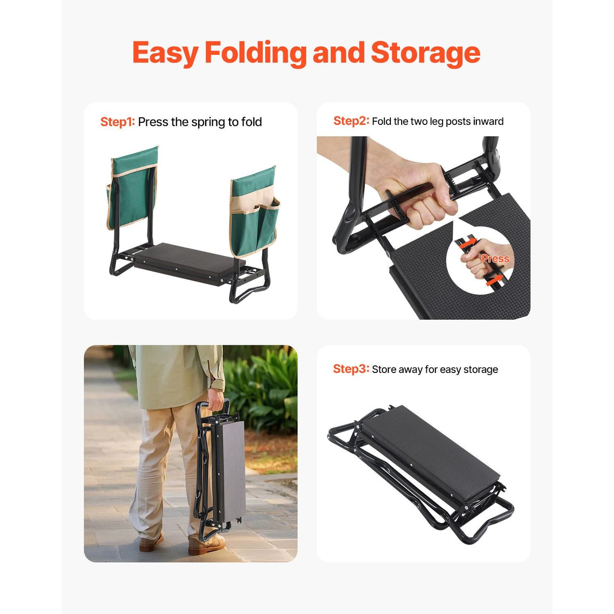 Garden Kneeler and Seat, 8 in Wide Kneeling Pad, Heavy Duty Garden Kneeling Stool, Folding Garden Seat with 2 Tool Bags, Relieve Knee & Back Pain, Portable Garden Bench for Women Grandparents