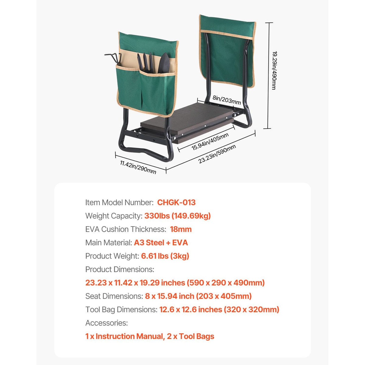Garden Kneeler and Seat, 8 in Wide Kneeling Pad, Heavy Duty Garden Kneeling Stool, Folding Garden Seat with 2 Tool Bags, Relieve Knee & Back Pain, Portable Garden Bench for Women Grandparents