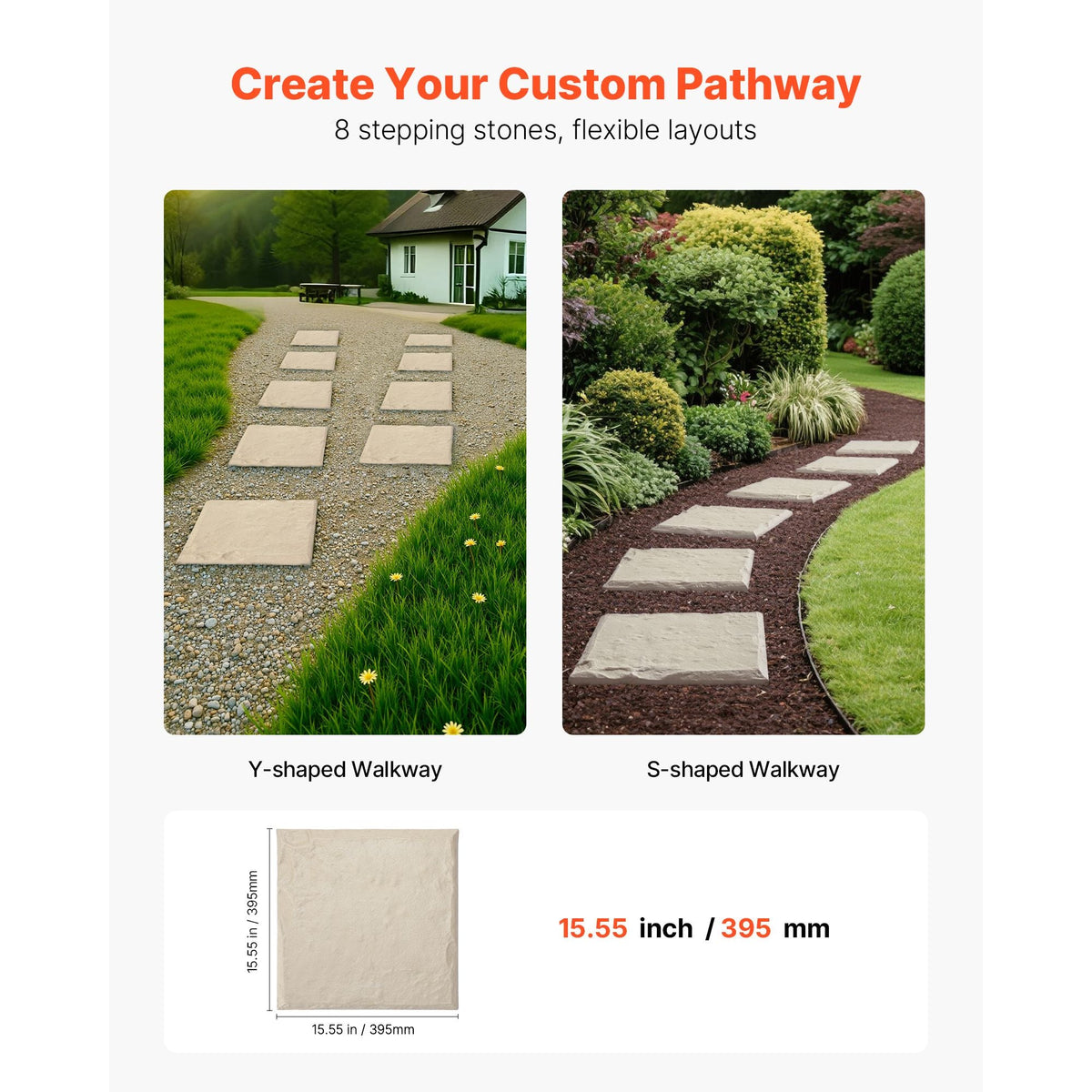 Garden Stepping Stones, 8Pcs 15.5 x 15.5 in, Decorative Stepping Stones with Stakes, Weather-Resistant Plastic Pathway Pavers, Smooth Surface, Outdoor Walkway for Lawn Patio Landscape, Beige