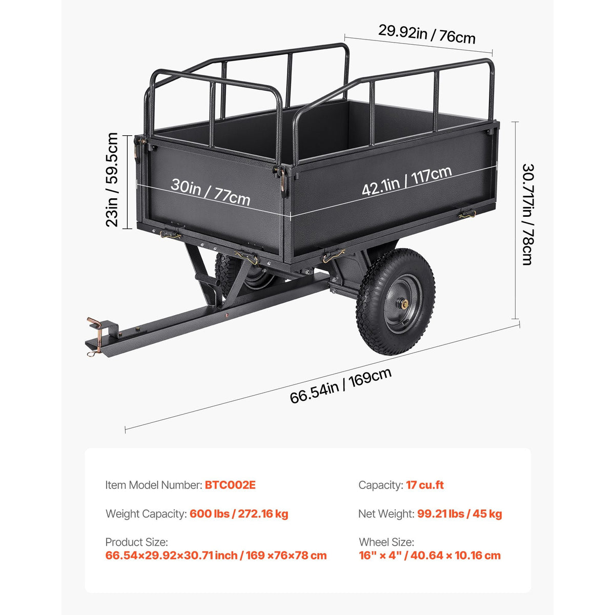 Garden Utility Trailer, 17 Cu. Ft & 600lbs Capacity, ATV UTV Hauling Trailer, Tow Behind Steel Dump Cart with 16" Tires, Hand Pull or Foot Pedal, Heavy Duty Yard Trailers for Lawn Mower Tractor