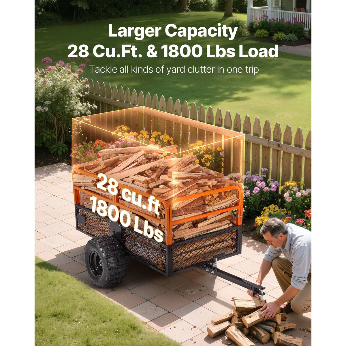 Garden Utility Trailer, 28 Cu. Ft. & 1800lbs, ATV UTV Trailer, Tow Behind Steel Dump Trailers, Removable Rear Panel, Heavy Duty Pull Behind Yard Trailers for Lawn Mower Tractor Garden Waste