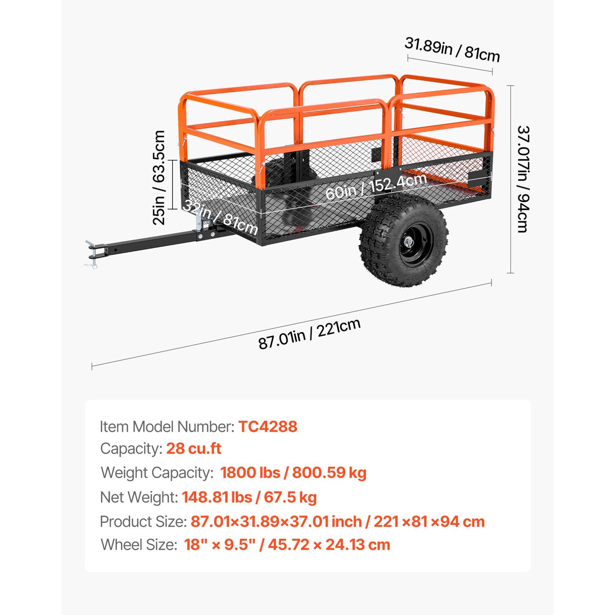 Garden Utility Trailer, 28 Cu. Ft. & 1800lbs, ATV UTV Trailer, Tow Behind Steel Dump Trailers, Removable Rear Panel, Heavy Duty Pull Behind Yard Trailers for Lawn Mower Tractor Garden Waste