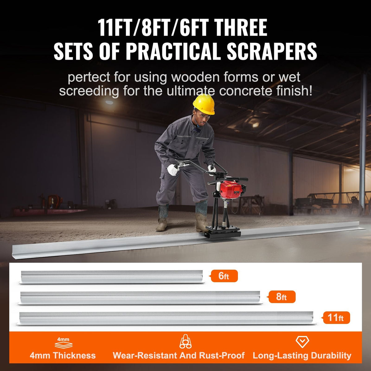 Gas Concrete Power Screed, 6ft/8ft/11ft Aluminum Board Straight Edge Bar Set, 4 Stroke Cement Finishing Vibrating Motor w/ Height Adjustable Handles, High Efficient Concrete Tool 6500RPM