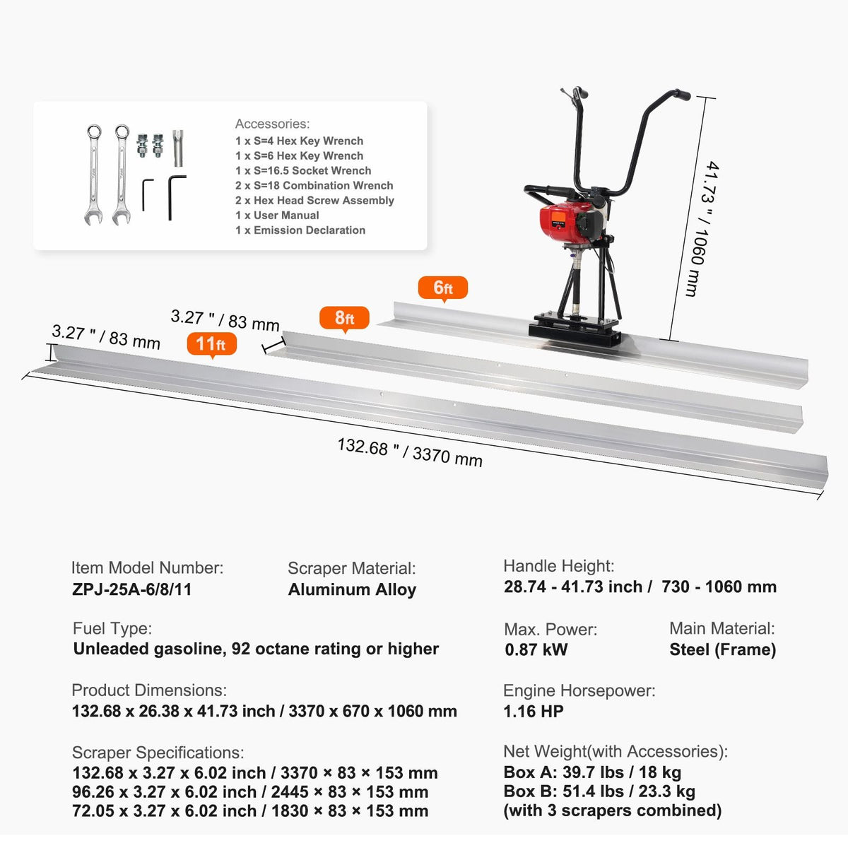 Gas Concrete Power Screed, 6ft/8ft/11ft Aluminum Board Straight Edge Bar Set, 4 Stroke Cement Finishing Vibrating Motor w/ Height Adjustable Handles, High Efficient Concrete Tool 6500RPM