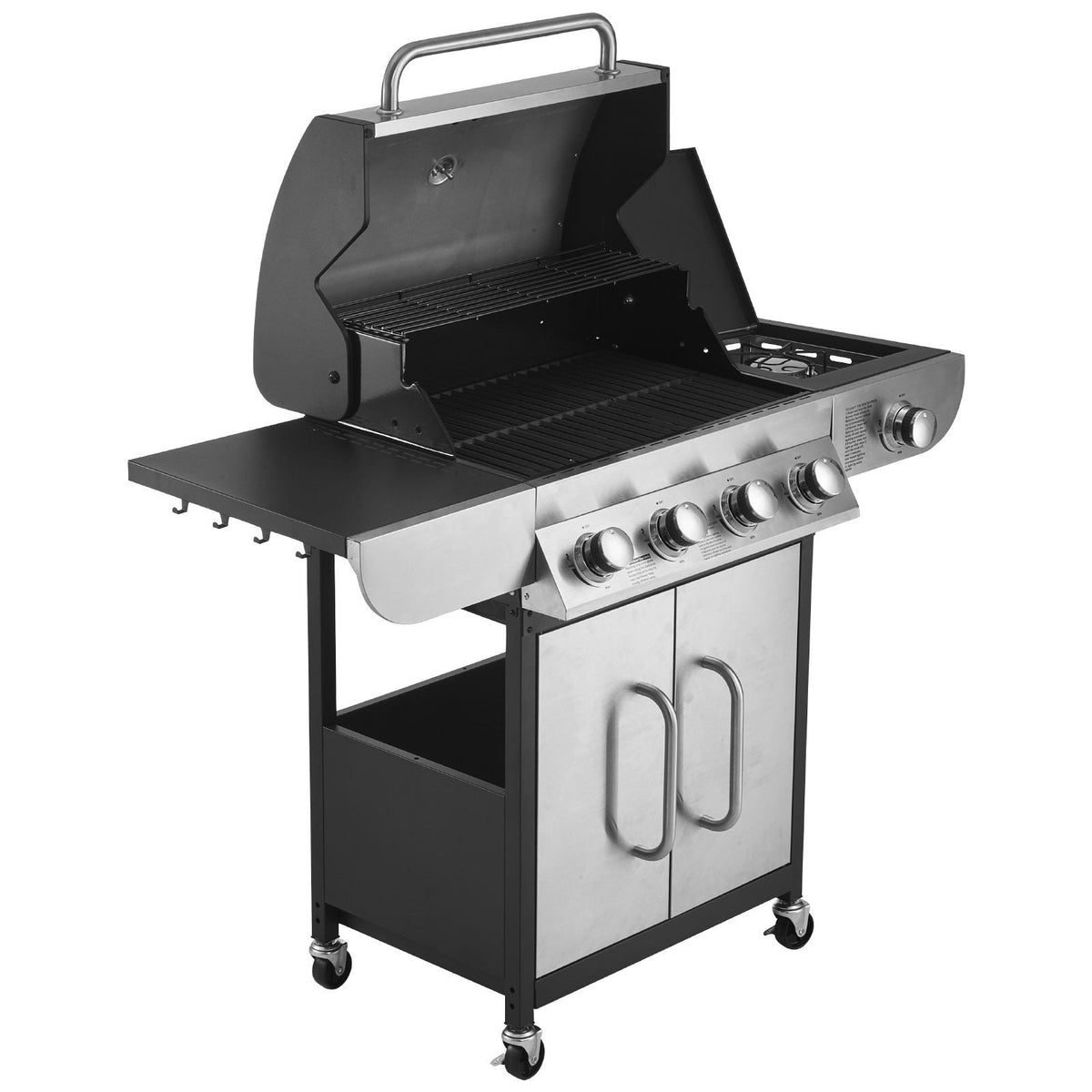 Gas Grill, 4 Burner Propane Gas Grill with Side Burner, 425 SQ.In Grilling Area, Carbon Steel Enamel Grates, Outdoor 52,000 BTU Patio Garden BBQ Grills with Two Side Shelves, Stainless Steel