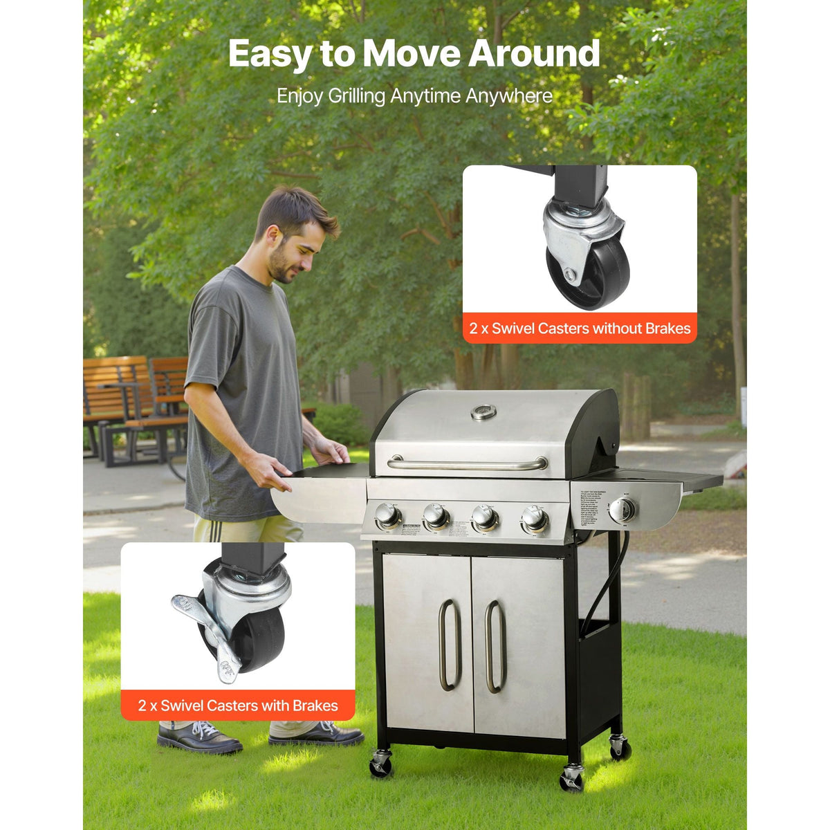 Gas Grill, 4 Burner Propane Gas Grill with Side Burner, 425 SQ.In Grilling Area, Carbon Steel Enamel Grates, Outdoor 52,000 BTU Patio Garden BBQ Grills with Two Side Shelves, Stainless Steel