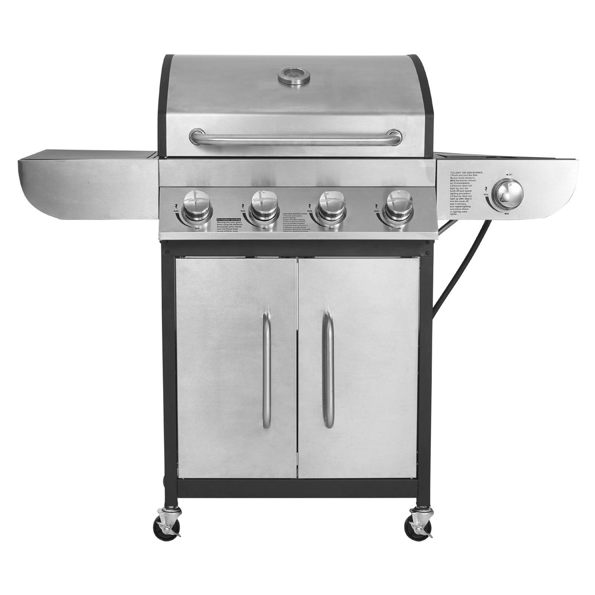 Gas Grill, 4 Burner Propane Gas Grill with Side Burner, 425 SQ.In Grilling Area, Carbon Steel Enamel Grates, Outdoor 52,000 BTU Patio Garden BBQ Grills with Two Side Shelves, Stainless Steel