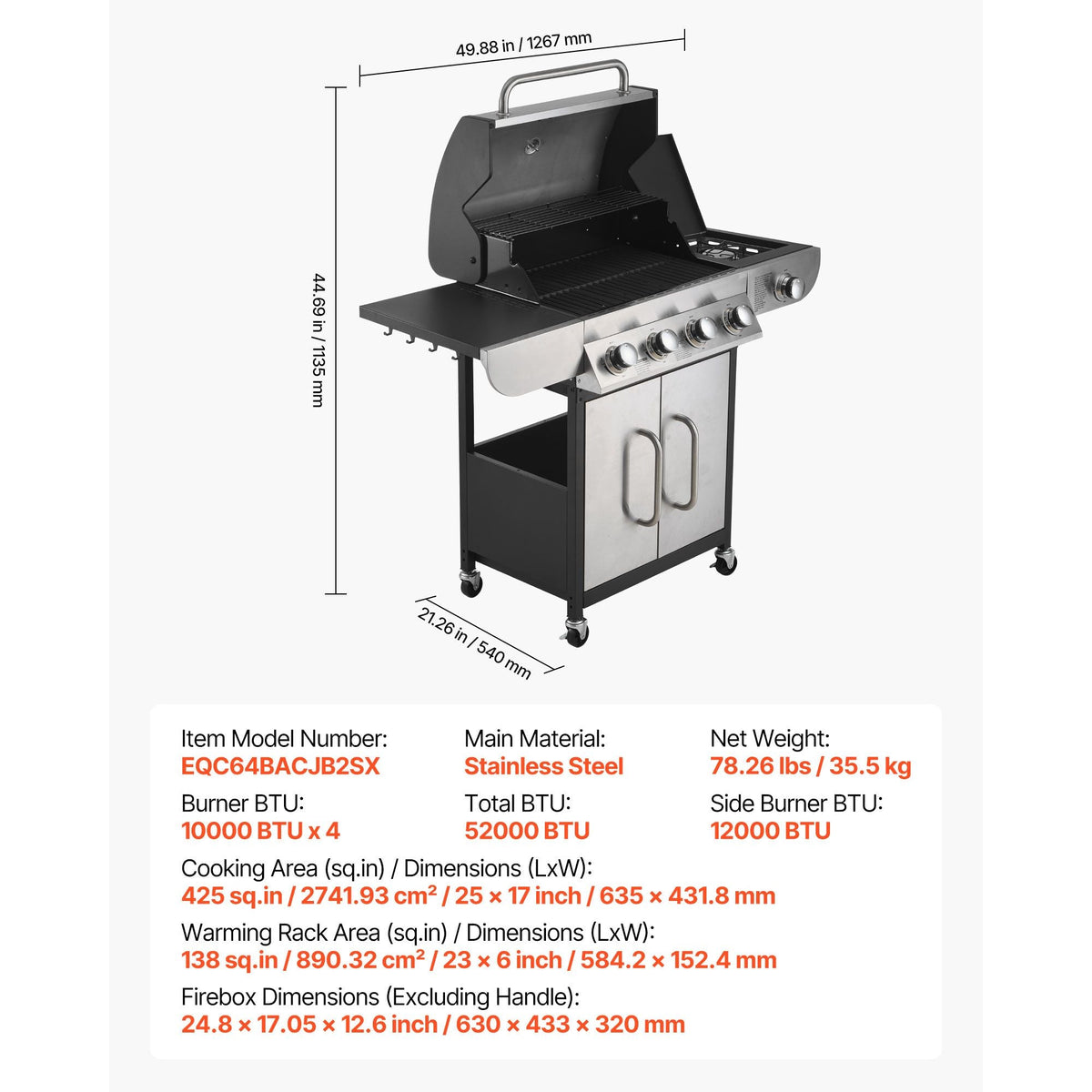 Gas Grill, 4 Burner Propane Gas Grill with Side Burner, 425 SQ.In Grilling Area, Carbon Steel Enamel Grates, Outdoor 52,000 BTU Patio Garden BBQ Grills with Two Side Shelves, Stainless Steel