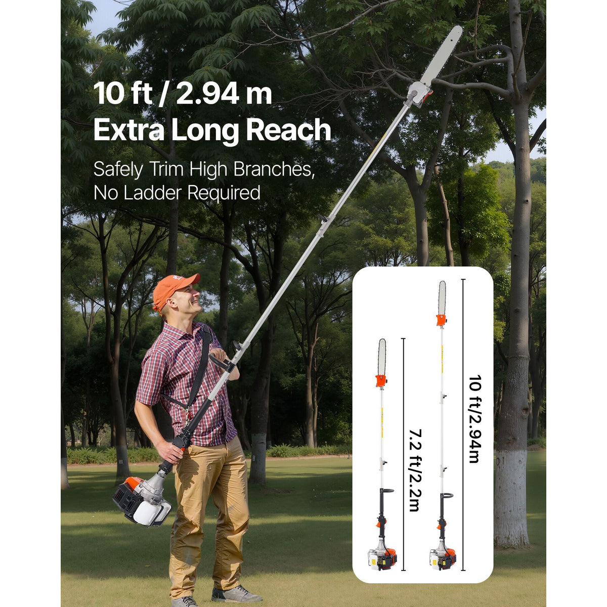 Gas Pole Saw, 52CC 2 Stroke Gas Powered Pole Saws with 14 in Cutting Bar, Cordless Tree Trimmer with 30 fl.oz Fuel Tank, 7.2 to 10 ft Extendable, Powerful Chainsaw for Tree Trimming Pruning