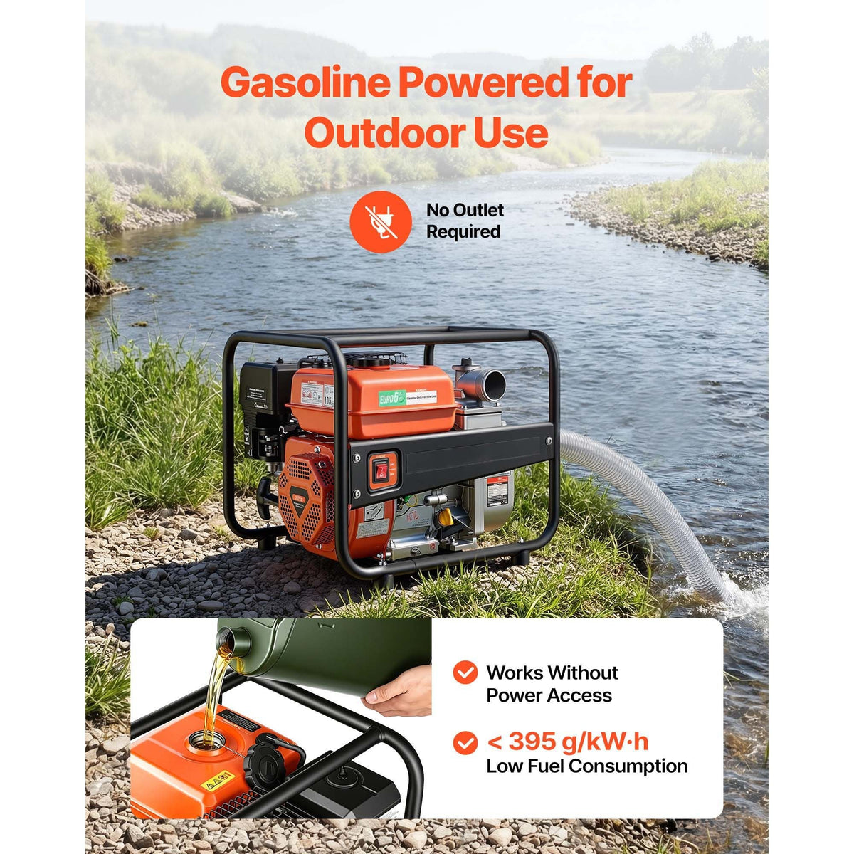 Gas Powered Water Pump, 2 in, 158 GPM 7HP Semi Trash Water Transfer Pump Portable, Gasoline Engine with 25 ft Discharge Hose, Heavy Duty Frame, Cast Iron Impeller, for Irrigation, Ponds, Pools