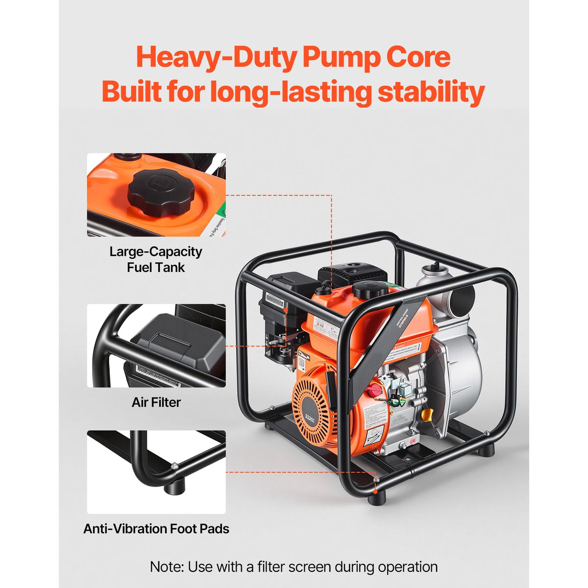 Gas Powered Water Pump, 3 in, 264 GPM 7HP Semi Trash Water Transfer Pump Portable, Gasoline Engine with 25 ft Discharge Hose, Heavy Duty Frame, Cast Iron Impeller, for Irrigation, Ponds, Pools