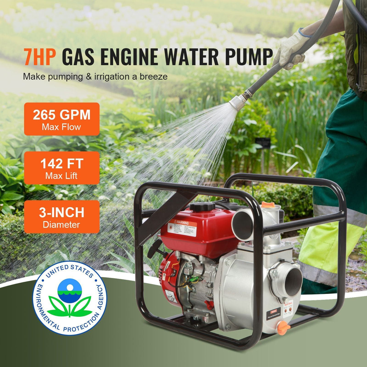 Gasoline Engine Water Pump, 3-inch, 7HP 265 GPM, 142ft Lift, 22ft Suction, 4-Stroke Gas Powered Trash Water Transfer Pump Portable High Pressure with 25ft Hose for Irrigation Pool, EPA Certified