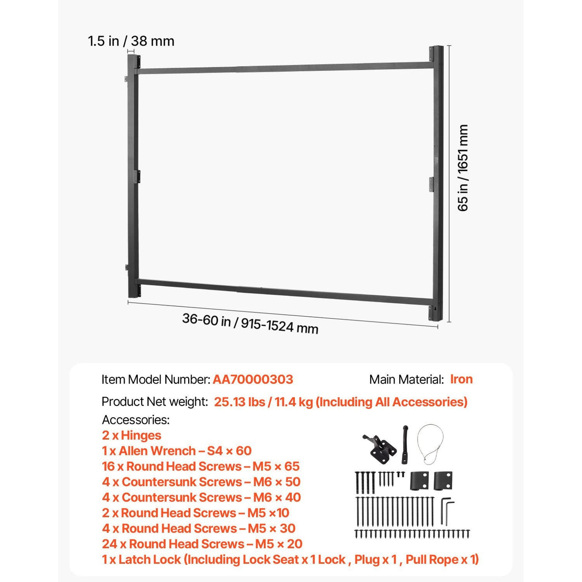 Gate Building Kit, Fits 36 to 60 in Wide Openings, Up from 6 to 7 ft High Fence, Adjustable Gate Building Kit, Anti Sag Full Gate Frame Kit with Latch Lock and Screws, for Wooden Fence, Iron