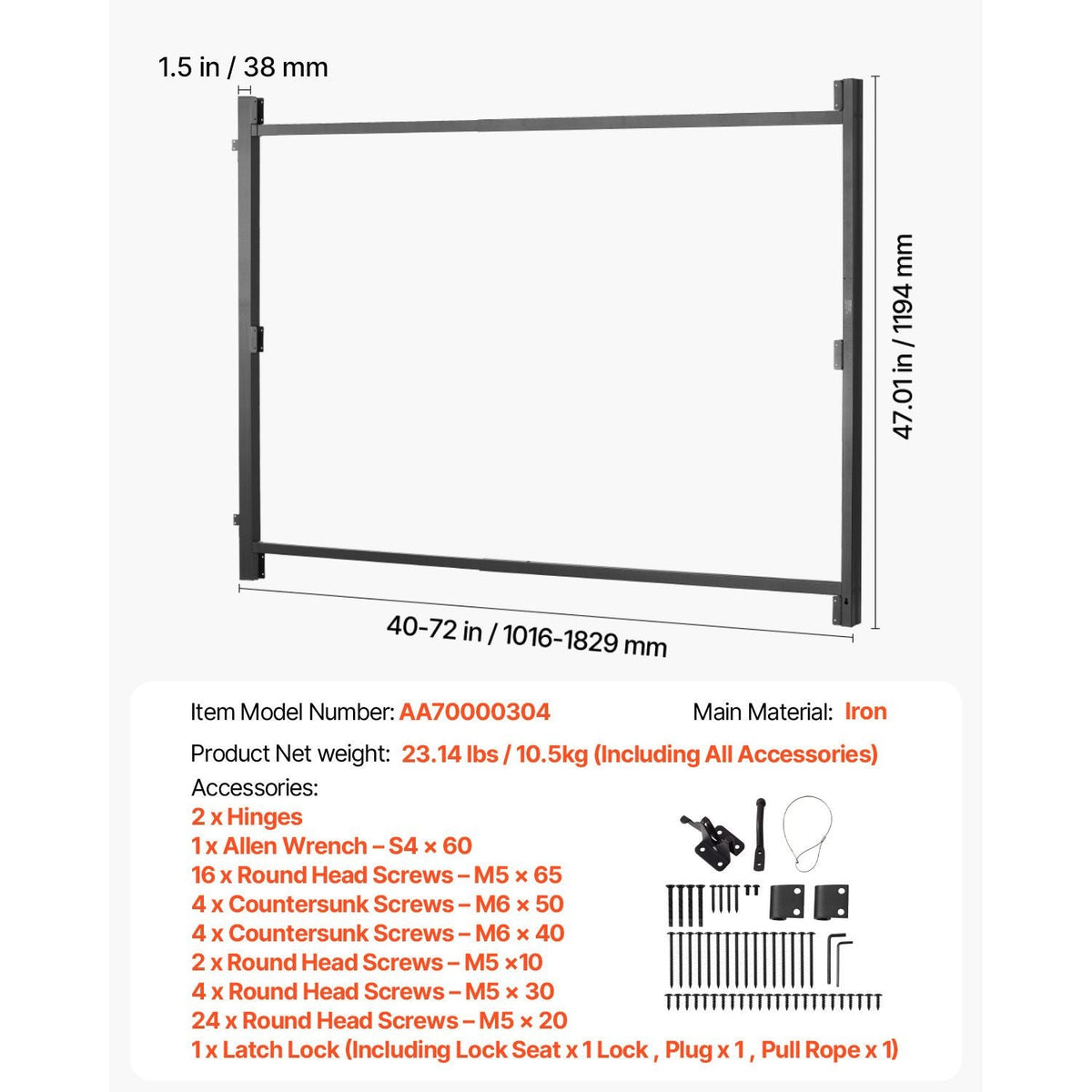 Gate Building Kit, Fits 40 to 72 in Wide Openings, Up from 4 to 5 ft High Fence, Adjustable Gate Building Kit, Anti Sag Full Gate Frame Kit with Latch Lock and Screws, for Wooden Fence, Iron