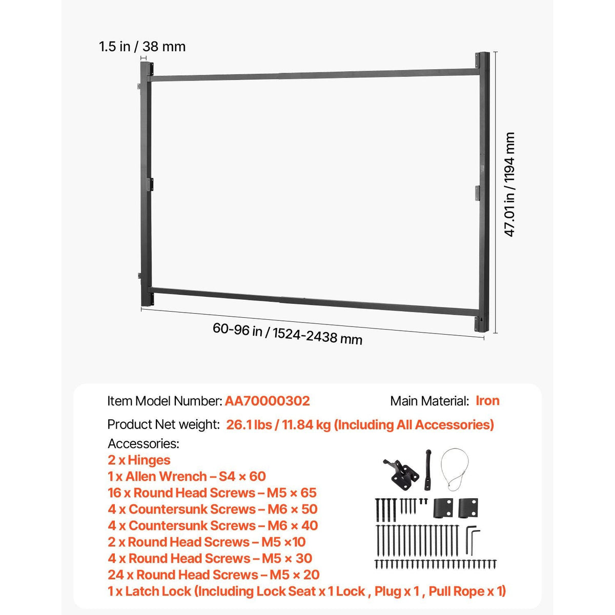 Gate Building Kit, Fits 60 to 96 in Wide Openings, Up from 4 to 5 ft High Fence, Adjustable Gate Building Kit, Anti Sag Full Gate Frame Kit with Latch Lock and Screws, for Wooden Fence, Iron