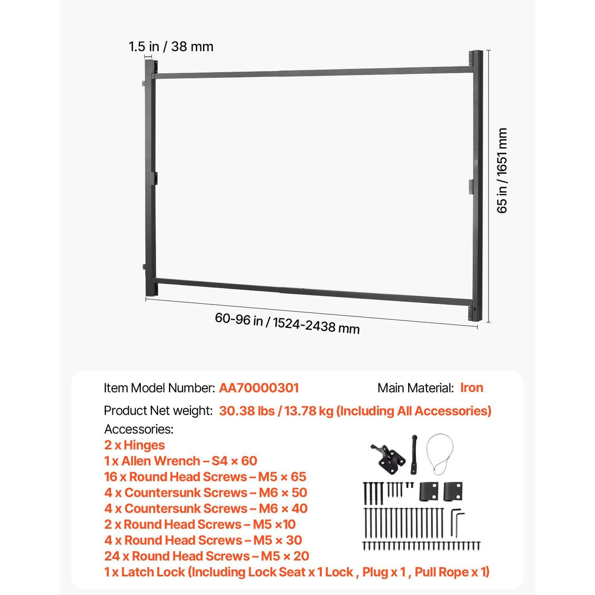 Gate Building Kit, Fits 60 to 96 in Wide Openings, Up from 6 to 7 ft High Fence, Adjustable Gate Building Kit, Anti Sag Full Gate Frame Kit with Latch Lock, Screw, for Wooden Fence, Iron, Black
