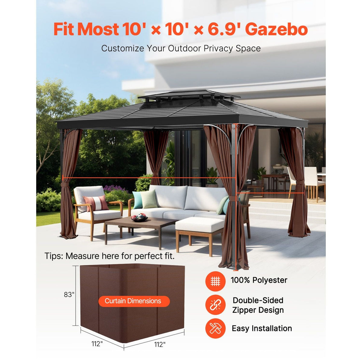 Gazebo Curtains Outdoor, Fit Most 10' x 10' x 6.9' Gazebos, 4-Panel Sidewall Gazebo Privacy Curtains with Zippers, Outdoor Curtain Replacement for Patio Canopy, Only Curtain, Coffee