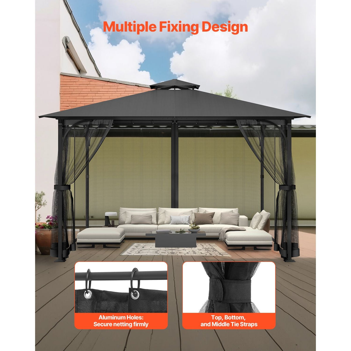 Gazebo Netting Replacement, Fit Most 10 x 13 x 6.8 FT Gazebo Curtain, Outdoor Garden Net, 4-Panel Sidewall Mesh Net, Patio Midge Netting with Double Zipper, Canopy Screen (Netting Only)