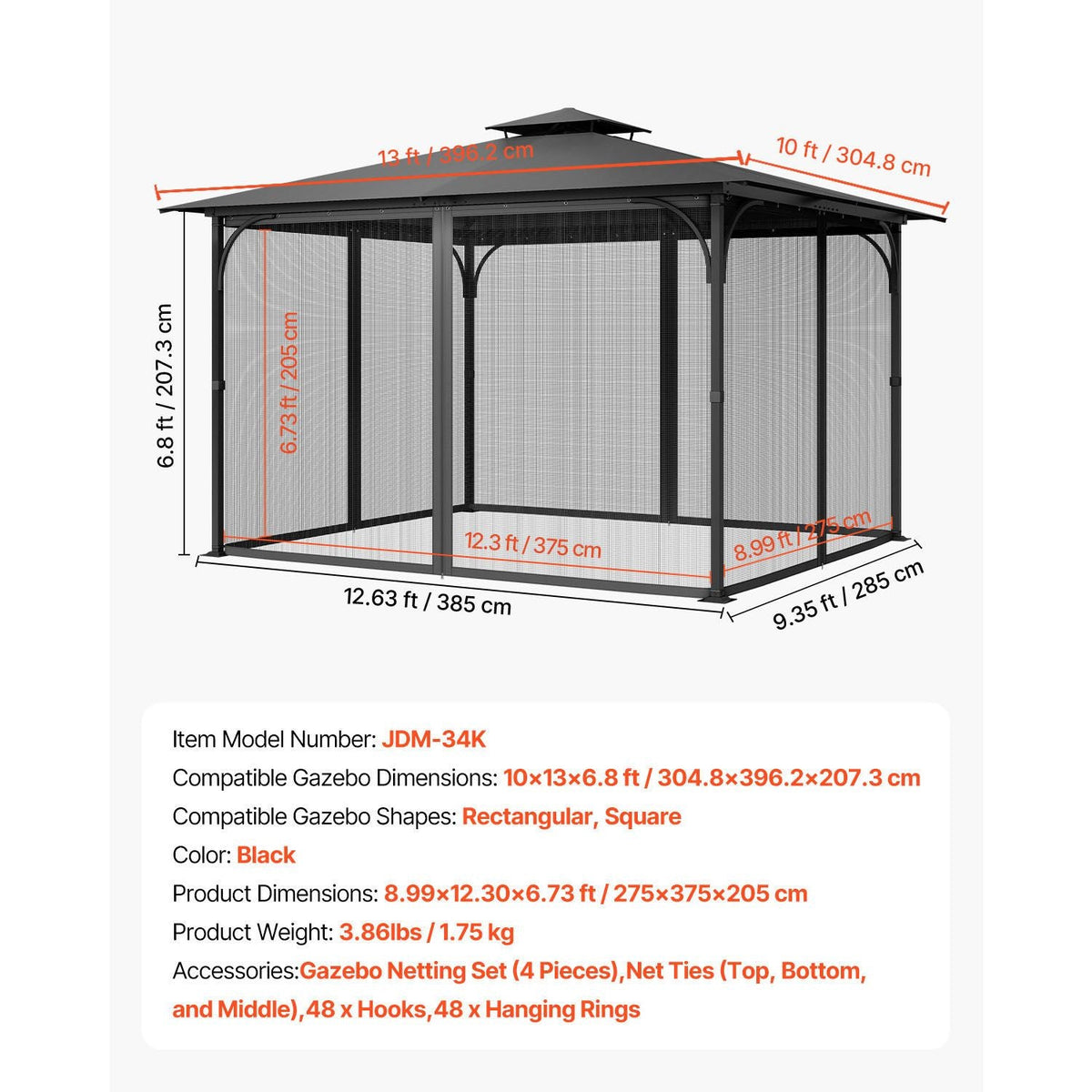 Gazebo Netting Replacement, Fit Most 10 x 13 x 6.8 FT Gazebo Curtain, Outdoor Garden Net, 4-Panel Sidewall Mesh Net, Patio Midge Netting with Double Zipper, Canopy Screen (Netting Only)