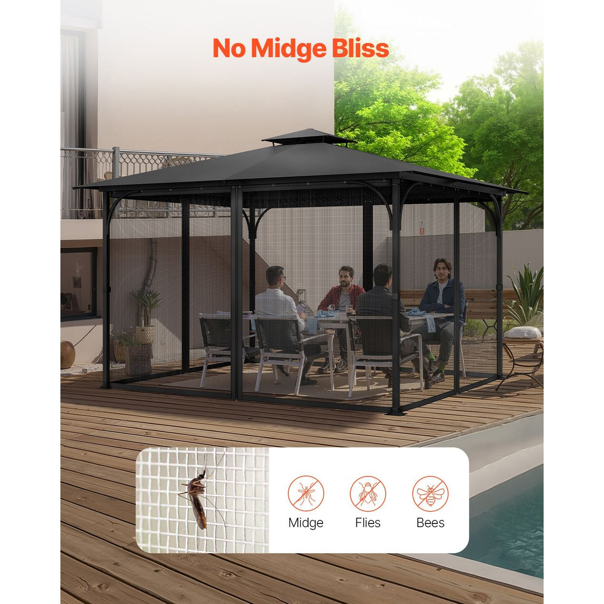 Gazebo Netting Replacement, Fit Most 10 x 13 x 6.8 FT Gazebo Curtain, Outdoor Garden Net, 4-Panel Sidewall Mesh Net, Patio Midge Netting with Double Zipper, Canopy Screen (Netting Only)